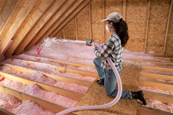 Blown-in insulation being sprayed into an attic for energy efficiency