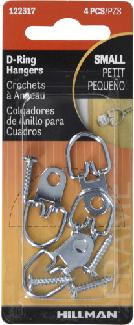 D-Ring Picture Hangers, Small, with Screws, 4/pkg