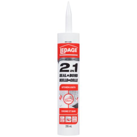 Caulking, Lepage 2 in 1 Seal and Bond Acrylic, Kitchen & Bath, WHITE, 295ml