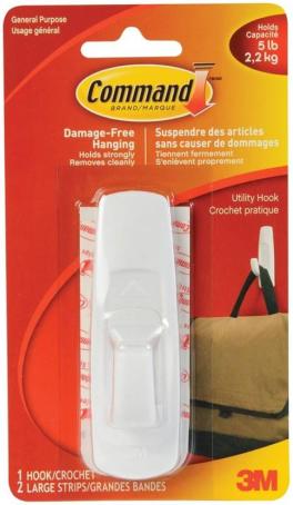 Hook, Self-Adhesive, Large, 3M Command, WHITE, 1/pkg (5 lb capacity) 17003C