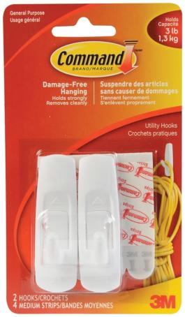 Hook, Self-Adhesive, Medium, 3M Command, WHITE, 2/pkg (3 lb capacity) 17001C